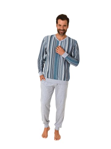NORMANN Pyjama Schlafanzug Streifen Bündchen und Knopfleiste in blau