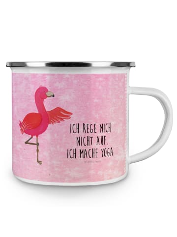 Mr. & Mrs. Panda Camping Emaille Tasse Flamingo Yoga mit Spruch in Aquarell Pink