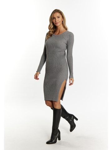 faina Damen Rippstrickkleid Mit Strass-Steinen in Grau Melange