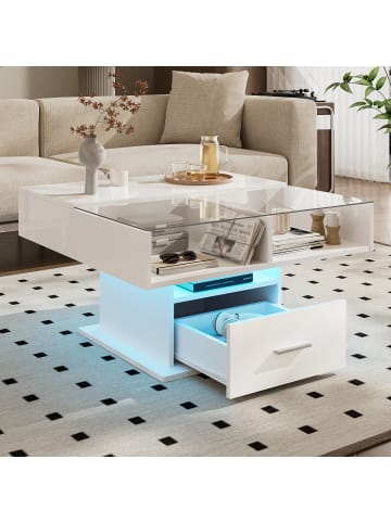 ABRIHOME Hochglanz Lift Couchtisch mit LED und flexiblem Stauraum, Weiß