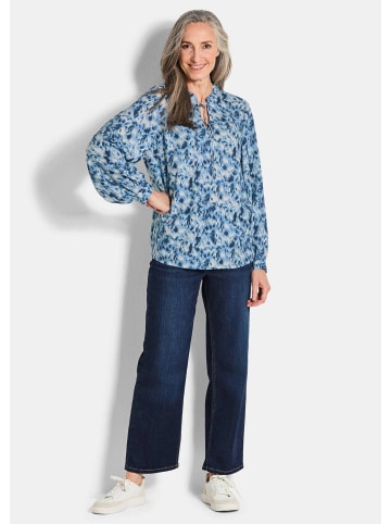 GOLDNER Blusenshirt Moderne Rüschenbluse mit Stehkragen in blau / gemustert