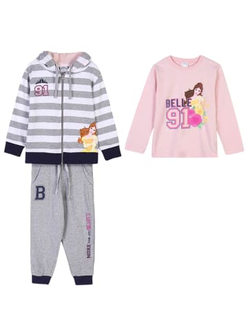 Cerda 3tlg. Outfit Sweatjacke, Langarmshirt & Hose Disney Princess in Grau-Rosa