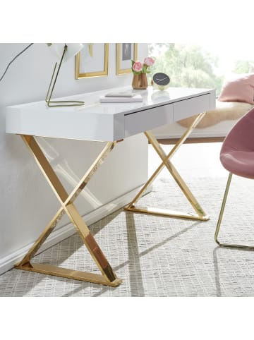 KADIMA DESIGN Hochglanz-Weißer Schreibtisch, Goldene Beine, Modern, 2 Schubladen