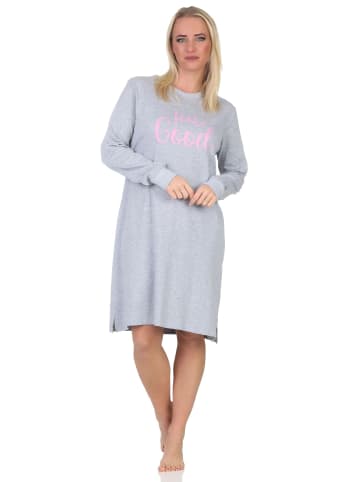 NORMANN Langarm Kuschel Interlock Nachthemd Frontprint - 87681 in grau-mel.