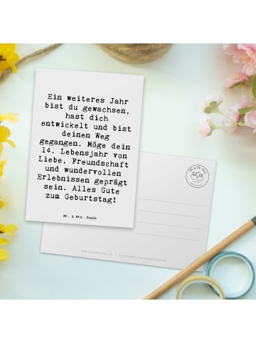 Mr. & Mrs. Panda Postkarte Spruch 14. Geburtstag mit Spruch in Weiß