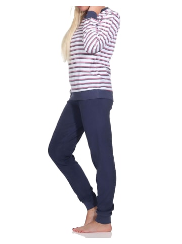 NORMANN Frottee Schlafanzug langarm Bündchen Streifen - 82789 in navy