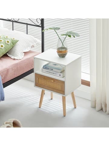 ABRIHOME Beistelltisch in Weiß Rattan 40x30x55 cm mit 1 Schublade Massivholzbeinen