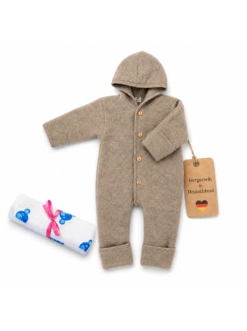 Kinderhaus Blaubär Baby-Overall mit Kapuze, Holzknöpfen & Mulltuch Blaubaer in Walnuss Melange