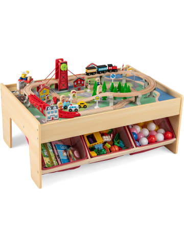 COSTWAY Holzeisenbahn 92 tlg. Set mit Tisch & faltbarem Ablagekorb in Hellbraun