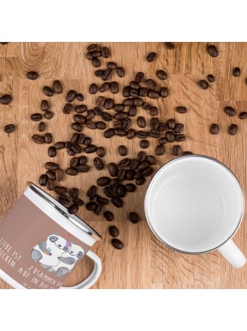 Mr. & Mrs. Panda Emaille Becher Liebe Flitterwochen mit Spruch in Braun Pastell