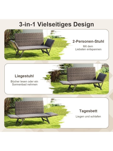 COSTWAY Polyrattan Gartenbank mit Liegefunktion 300kg in Grau