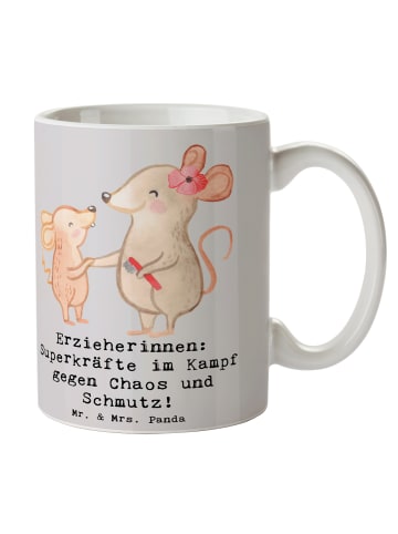 Mr. & Mrs. Panda Tasse Superheldin Erzieherin mit Spruch in Grau Pastell