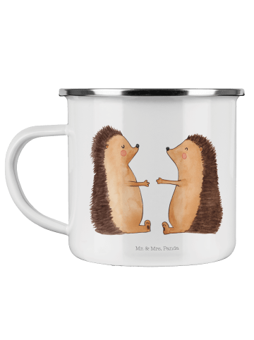 Mr. & Mrs. Panda Camping Emaille Tasse Igel Liebe ohne Spruch in Weiß