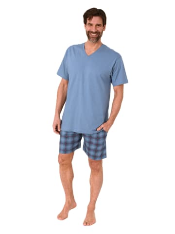 NORMANN Schlafanzug kurzarm Shorty mit karierter Jersey Hose in blau
