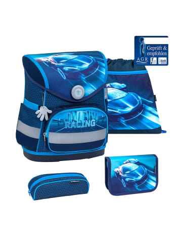 Belmil 4tlg-Set: Schulranzen Racing Blue Neon in blau – (H)37 x (B) 30 x (T) 19 cm