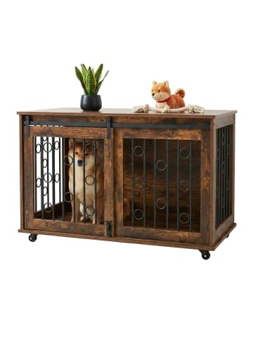 relaxdays Hundekäfig-Möbel "Rattan" in Braun/ Schwarz - (B)100 x (H)64 x (T)59 cm
