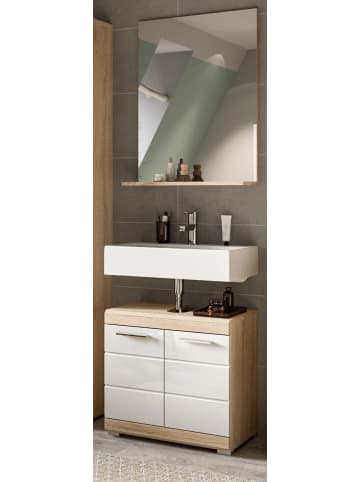 Inn.Furn Badmöbel-Set weiß Hochglanz, Eiche 2-teilig 60 cm, Kombination mit Spiegel
