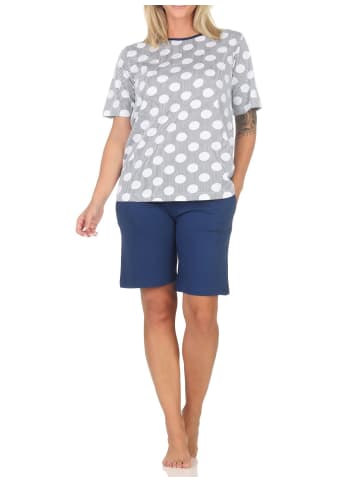 NORMANN Kurzarm Schlafanzug Shorty Pyjama Tupfen Punkte Look in marine