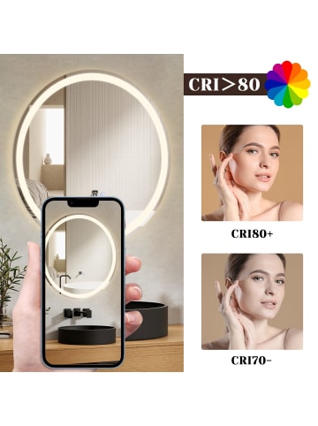 ZMH Badspiegel mit Beleuchtung in nickel rund Ø50cm Dimmbar mit Touch-Schalter