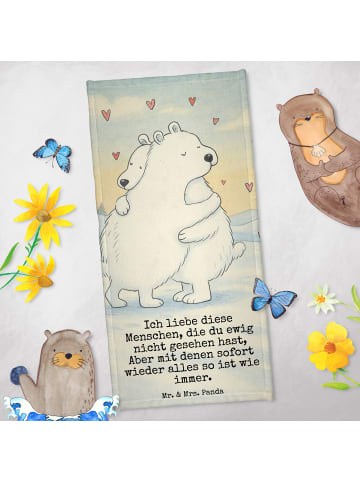 Mr. & Mrs. Panda Saunahandtuch Eisbär Umarmen Design mit Spruch in Weiß