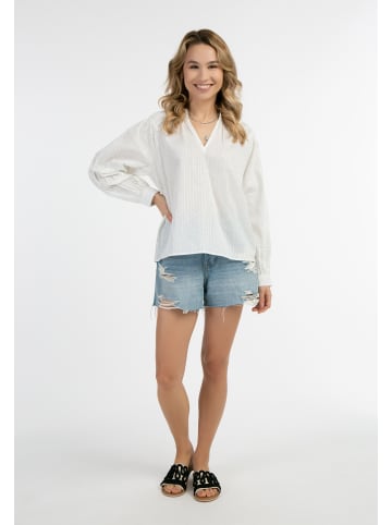 IZIA Damen Langarm Bluse in Wollweiss Mit Silber Streifen Und Punkten