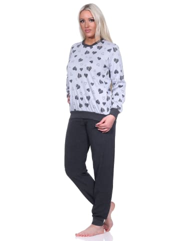 NORMANN Frottee Schlafanzug Bündchen Pyjama Herz - 75832 in Grau