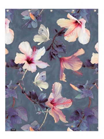 Juniqe Duschvorhang "Butterflies & Hibiscus Flowers" in Grau & Rosa