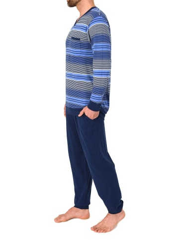 NORMANN Langarm Schlafanzug Pyjama Bündchen Streifen auch in Übergröße in blau