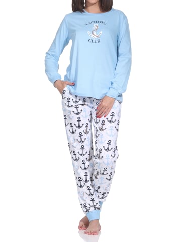 NORMANN Langarm Pyjama Schlafanzug Bündchen Maritimer Look in hellblau