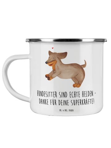 Mr. & Mrs. Panda Emaille Tasse Hundesitter Helden mit Spruch in Weiß