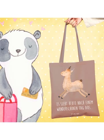 Mr. & Mrs. Panda Tragetasche Lama Springen mit Spruch in Braun Pastell