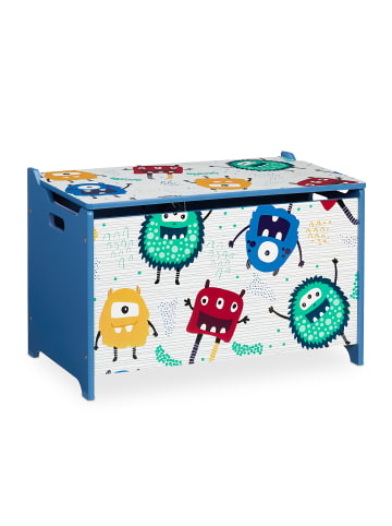 relaxdays Spielzeugtruhe "Monster" in Blau/ Weiß - (B)60 x (H)39 x (T)36,5 cm