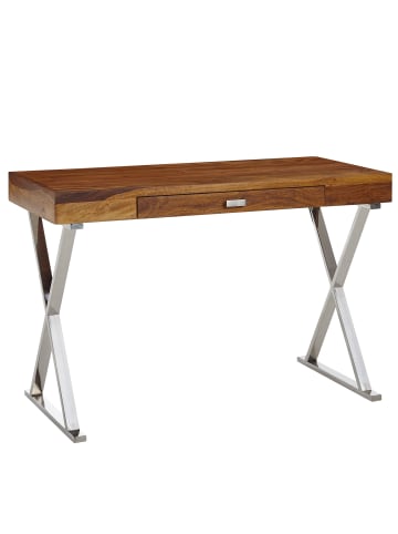 KADIMA DESIGN Schreibtisch 120x55x78 cm Sheesham Massivholz / Metall Chrom in Braun-Silber