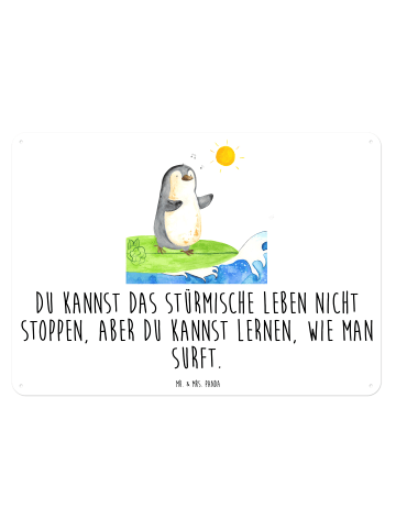 Mr. & Mrs. Panda Blechschild Pinguin Surfer mit Spruch in Weiß