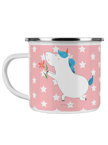 Mr. & Mrs. Panda Camping Emaille Tasse Einhorn Blume ohne Spruch in Rot Pastell