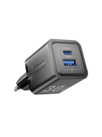 Vention Wandladegerät mit 2 Anschlüssen 30W USB-A, USB-C GaN Ladegerät in Schwarz