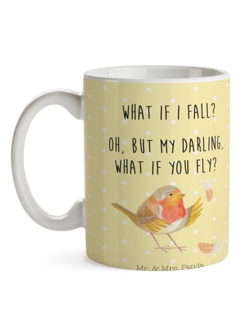 Mr. & Mrs. Panda Kaffeetasse Rotkehlchen Federn mit Spruch in Gelb Pastell
