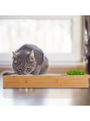 relaxdays Katzen Futterstation in Natur/ Weiß - (B)44 x (H)6,5 x (T)18 cm