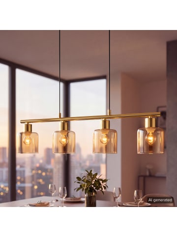 home24 home24 Pendelleuchte 4-flammig (1er Set) - Gold - Glas & Metall - 75.0 x 150.0 x 12.0 cm in Gold