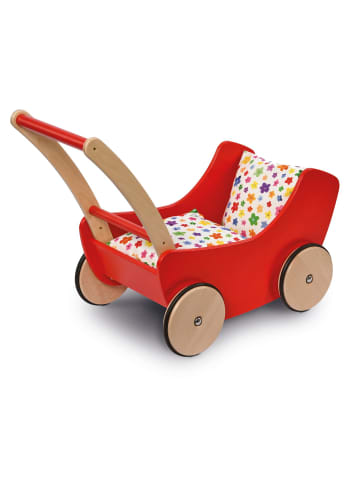 Glückskäfer Puppenwagen Erle gewachst mit 2-teiligem Bettzeug in rot