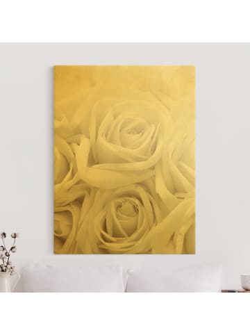 WALLART Leinwandbild Gold - Weiße Rosen in Creme-Beige