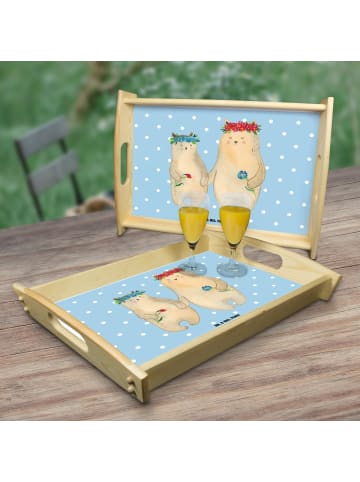 Mr. & Mrs. Panda Serviertablett Holz Bären mit Blumenkranz ohne ... in Blau Pastell