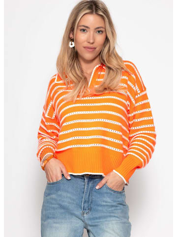 SASSYCLASSY Feinstrickpullover mit Polokragen und Ajourstreifen in Orange