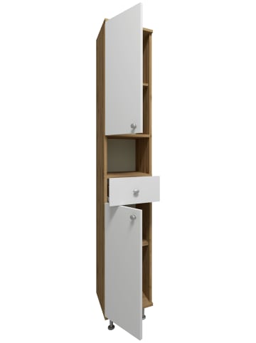 VCM Badmöbel Hochschrank Badschrank Schublade Nilosi in Honig-Eiche / Weiß