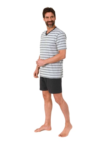 NORMANN Kurzarm Schlafanzug Shorty Pyjama Streifen in grau