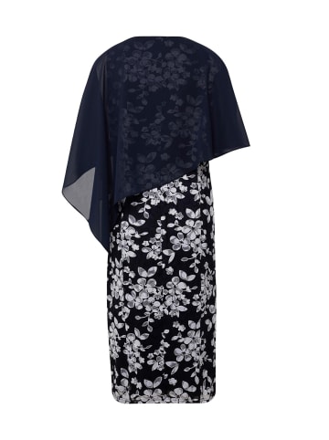 GOLDNER Kurzgröße: Spitzenkleid Kleid aus Spitze mit Chiffonüberwurf in mitternachtsblau / weiß / geblümt