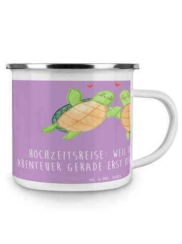 Mr. & Mrs. Panda Emailletasse Hochzeitsreise Abenteuer mit Spruch in Lavendeltraum
