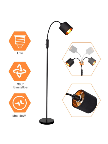 ZMH Stehlampe 163cm in schwarz 360° Drehbar mit Stoff Lampenschirm