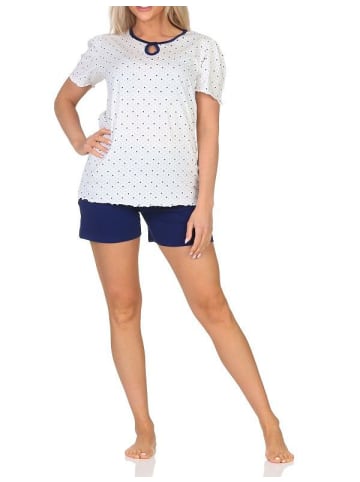NORMANN Kurzarm Schlafanzug Pyjama Shorty Tupfen Punkte Optik in marine