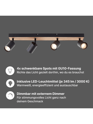 Brilliant Jello Wood LED-Spotbalken – 4-flammig, Schwarz/Holz, dimmbar, warmweiß